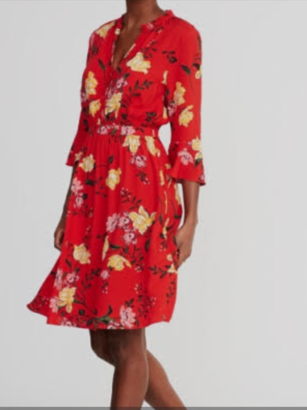 Old Navy Fit And Flare Red Floral Henley Dress Knee Length 3/4 Balloon Sleeve L
